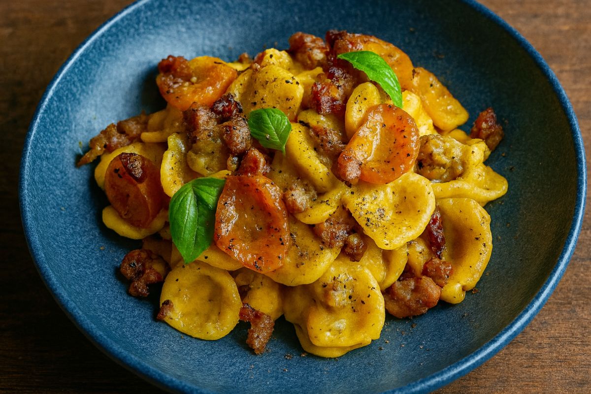 orecchiette con pomodorini gialli e salsiccia