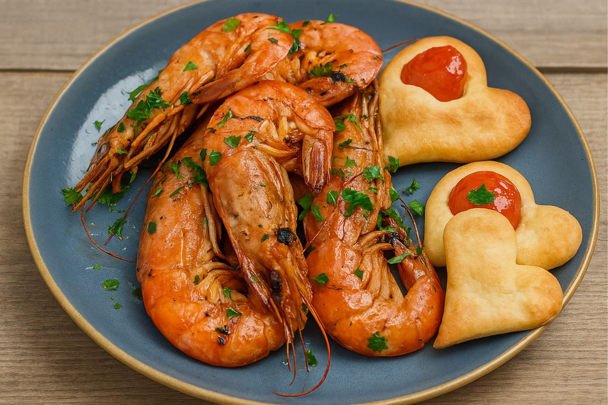 cuori di pasta brisé con pomodorini e gambero all'aglio