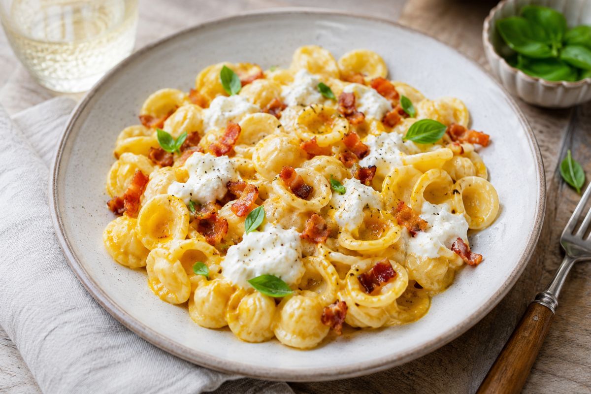 Orecchiette con crema di peperoni, stracciatella e pancetta