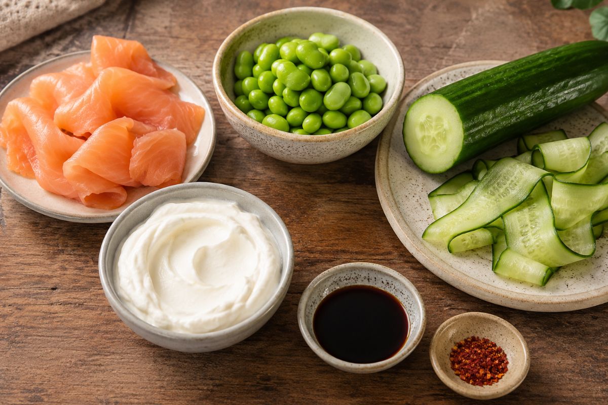 Insalata in barattolo con cetriolo, salmone ed edamame, ingredienti