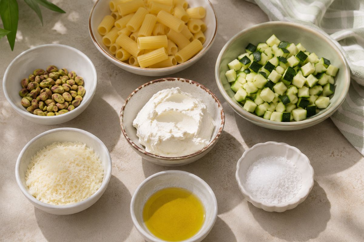 pasta cremosa con zucchine, pistacchi e Philadelphia, ingredienti