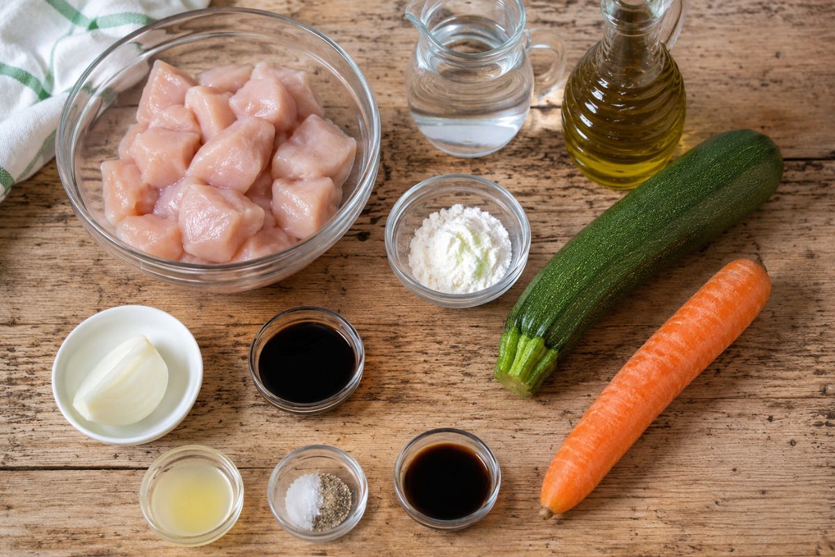 Bocconcini di pollo al Varoma con zucchine carote e salsa di soia ingredienti Bocconcini di pollo al Varoma con zucchine, carote e salsa di soia, ingredienti