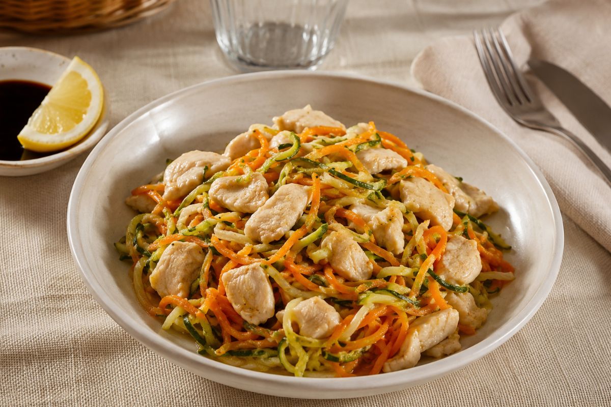 Bocconcini di pollo al Varoma con zucchine, carote e salsa di soia