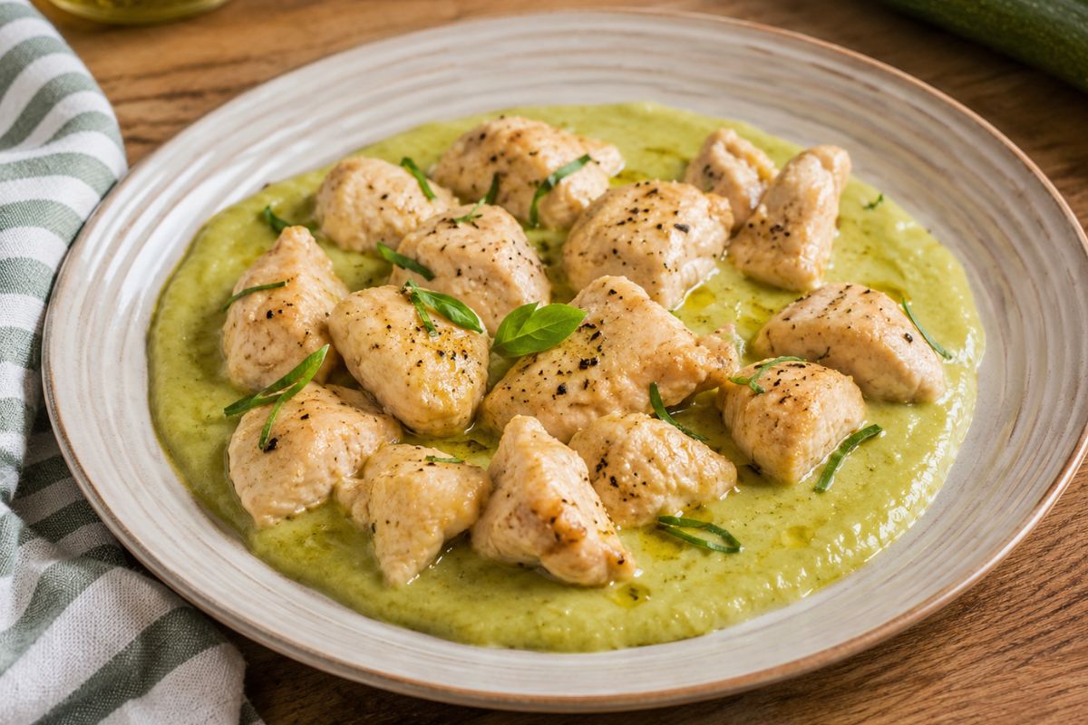 Bocconcini di pollo con crema di zucchine al Varoma