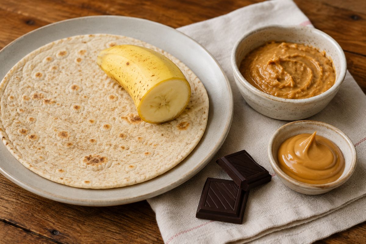 Burrito dolce banana, burro di arachidi e cioccolato in friggitrice ad aria, ingredienti