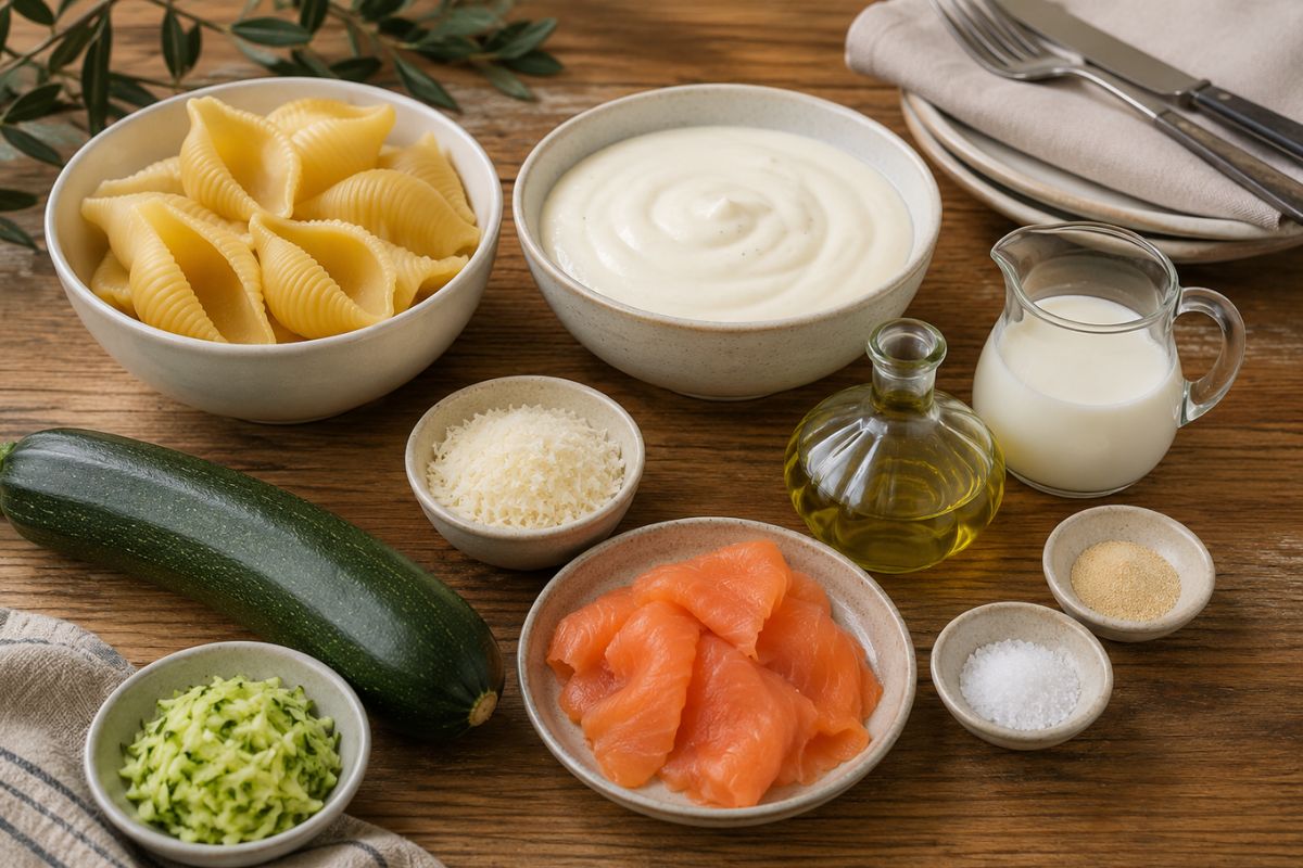 Conchiglioni con salmone, zucchine e besciamella in friggitrice ad aria, ingredienti