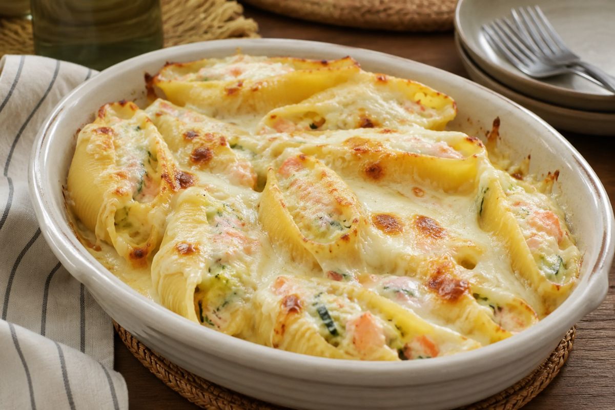 Conchiglioni con salmone, zucchine e besciamella in friggitrice ad aria
