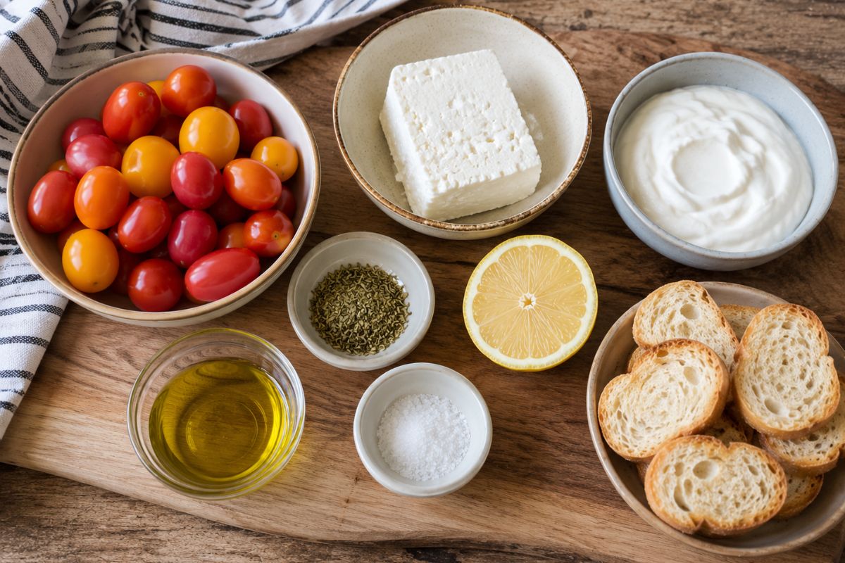 Crema di feta e yogurt greco con pomodorini confit in friggitrice ad aria ingredienti Crema di feta e yogurt greco con pomodorini confit in friggitrice ad aria, ingredienti