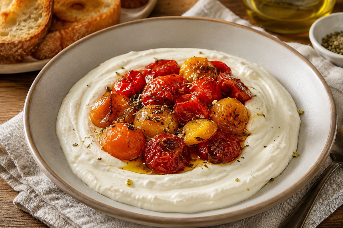 Crema di feta e yogurt greco con pomodorini confit in friggitrice ad aria