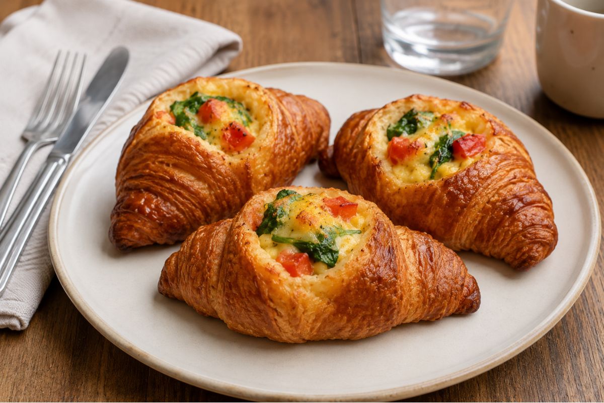 Croissant salati ripieni con uovo, spinaci e formaggio in friggitrice ad aria