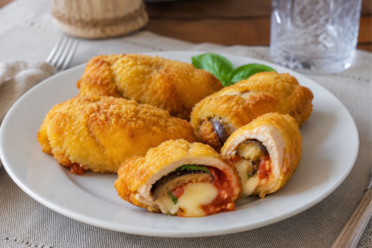 Involtini di pollo con melanzane, pomodoro e scamorza