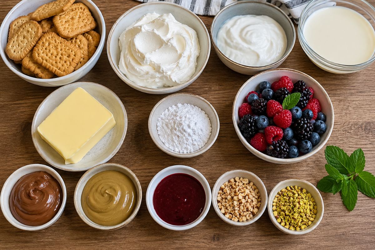 Mini cheesecake senza cottura con crema allo yogurt e topping misti, ingredienti
