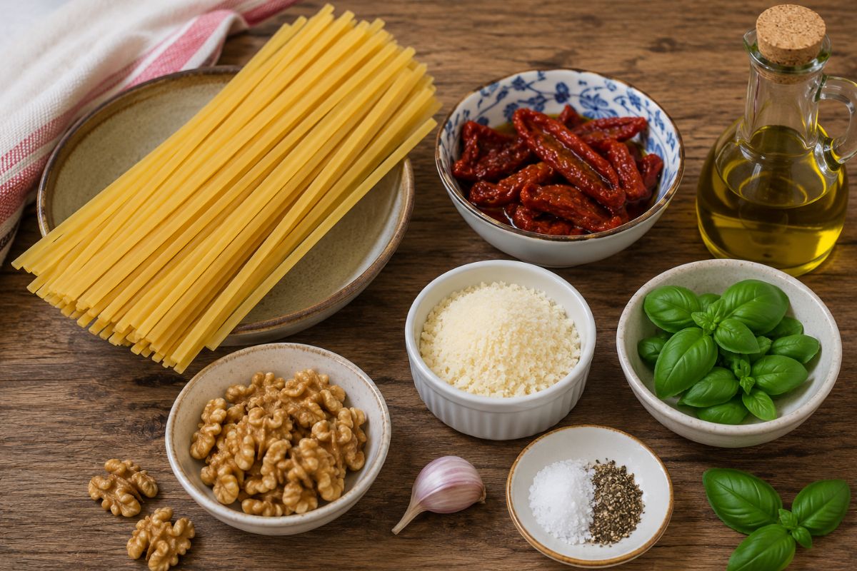 Pasta con crema di pomodori secchi basilico e noci ingredienti Pasta con crema di pomodori secchi, basilico e noci, ingredienti