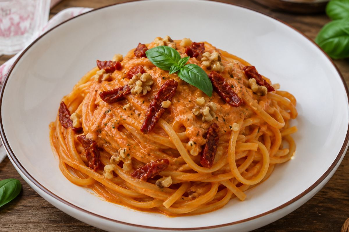 Pasta con crema di pomodori secchi, basilico e noci