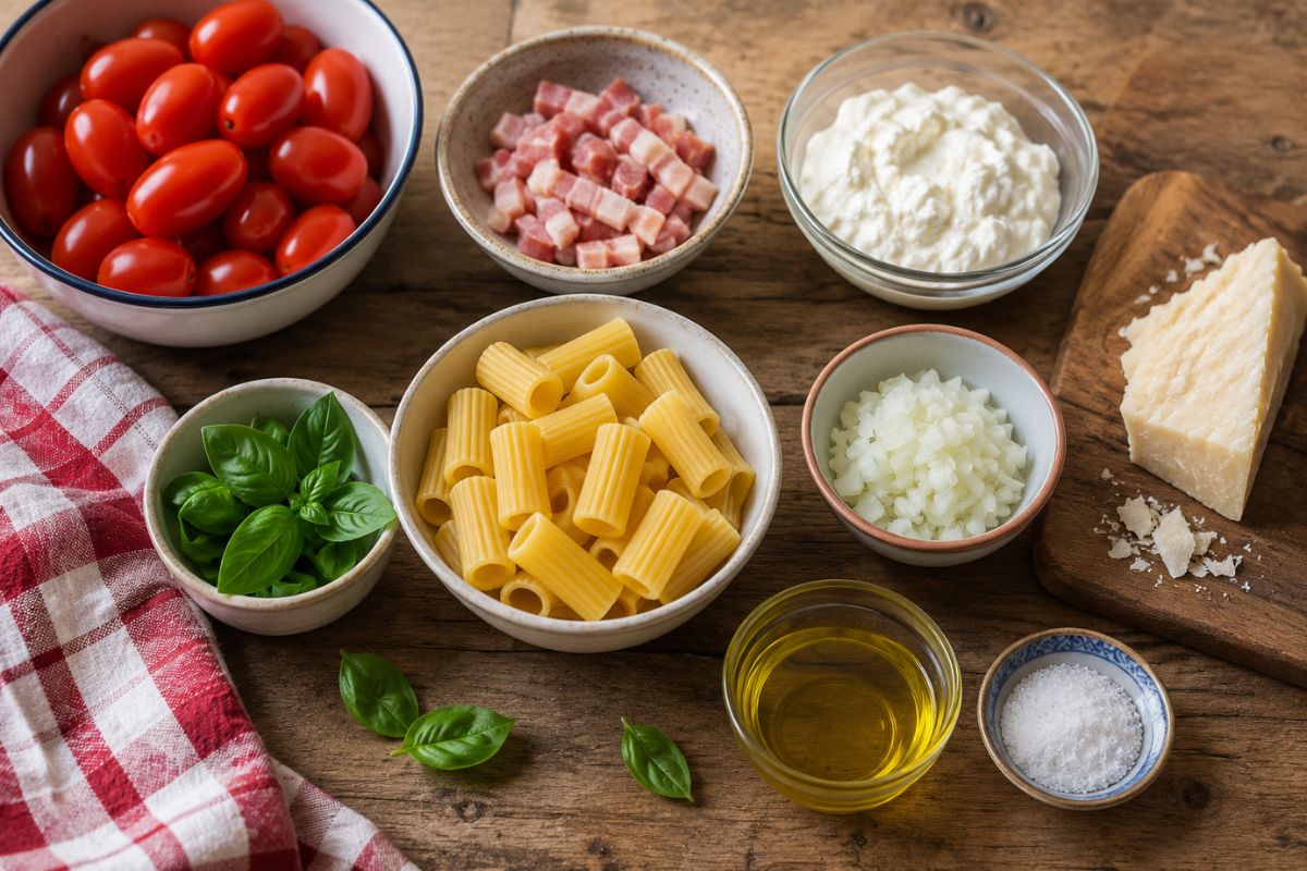 Pasta con datterini pancetta e stracciatella ingredienti Pasta con datterini, pancetta e stracciatella, ingredienti