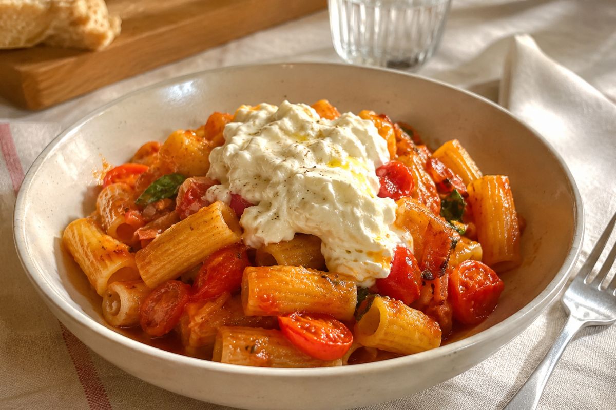 Pasta con datterini, pancetta e stracciatella