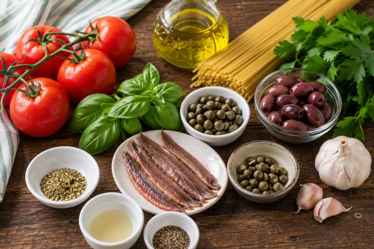 Pasta con pomodori marinati, acciughe, olive ed erbe aromatiche, ingredienti