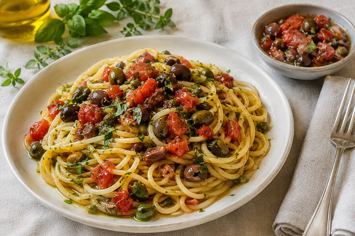 Pasta con pomodori marinati, acciughe, olive ed erbe aromatiche