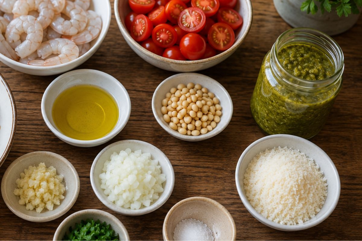 Pasta corta con gamberetti pomodorini e pesto con il Bimby ingredienti Pasta corta con gamberetti, pomodorini e pesto con il Bimby, ingredienti