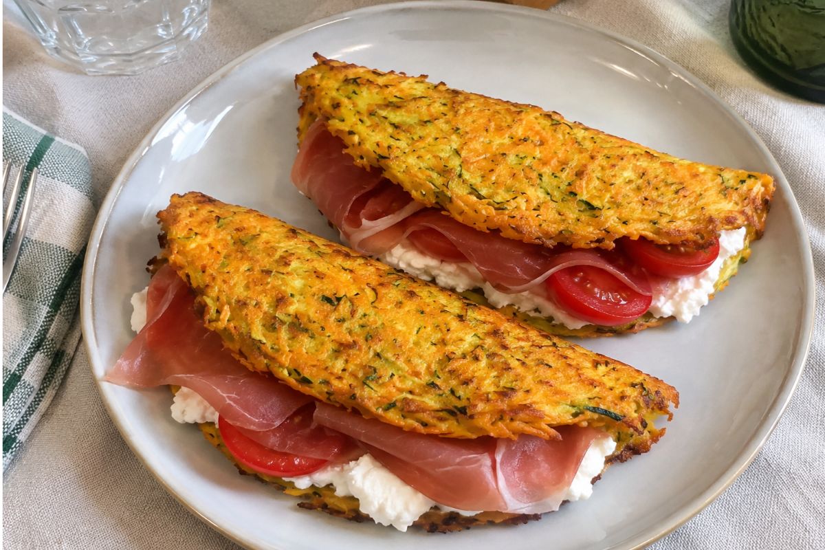 Piadine di zucchine e carote con robiola, pomodoro e crudo