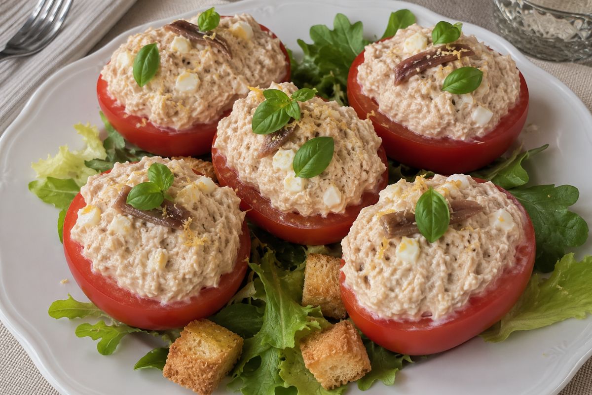 Pomodori ripieni con crema di tonno, uova e acciughe