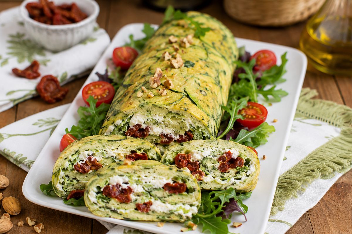 Rotolo di frittata alle zucchine con crescenza, stracciatella e pomodorini secchi