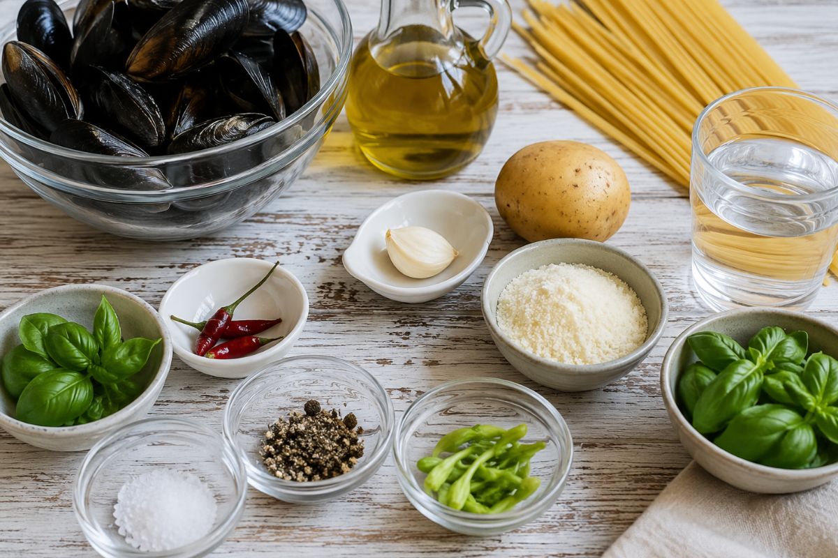 Spaghetti con cozze e crema di patate al basilico ingredienti Spaghetti con cozze e crema di patate al basilico, ingredienti
