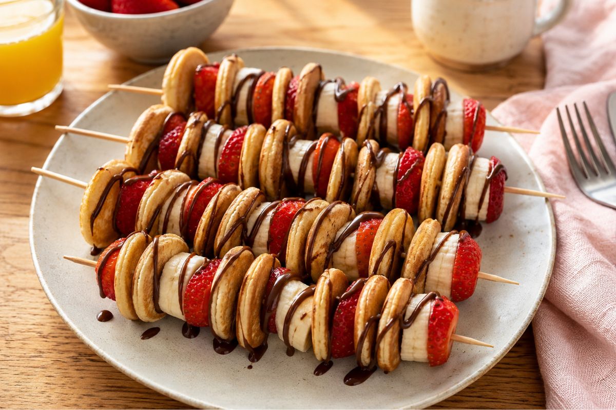Spiedini di mini pancake con frutta e salsa al cioccolato