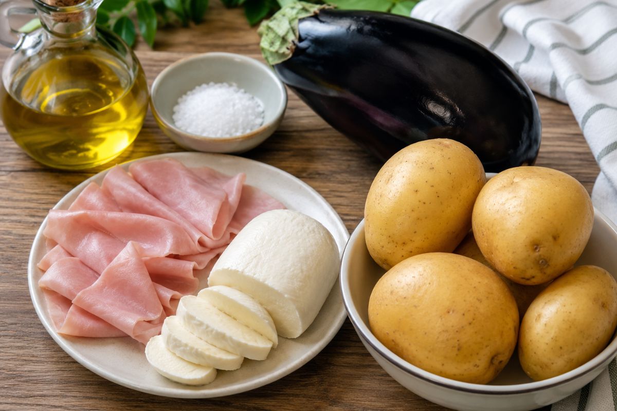 Teglia di patate melanzane prosciutto e mozzarella ingredienti Teglia di patate, melanzane, prosciutto e mozzarella, ingredienti