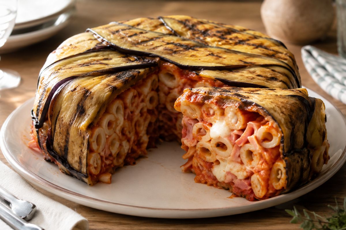 Timballo di ziti con melanzane, prosciutto e mozzarella