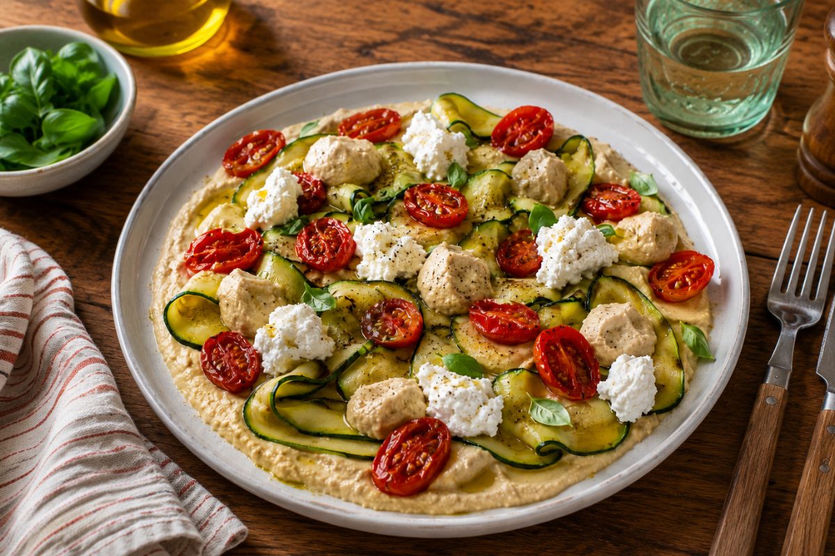 Zucchine con pomodorini confit, ricotta e hummus in friggitrice ad aria, ingredienti
