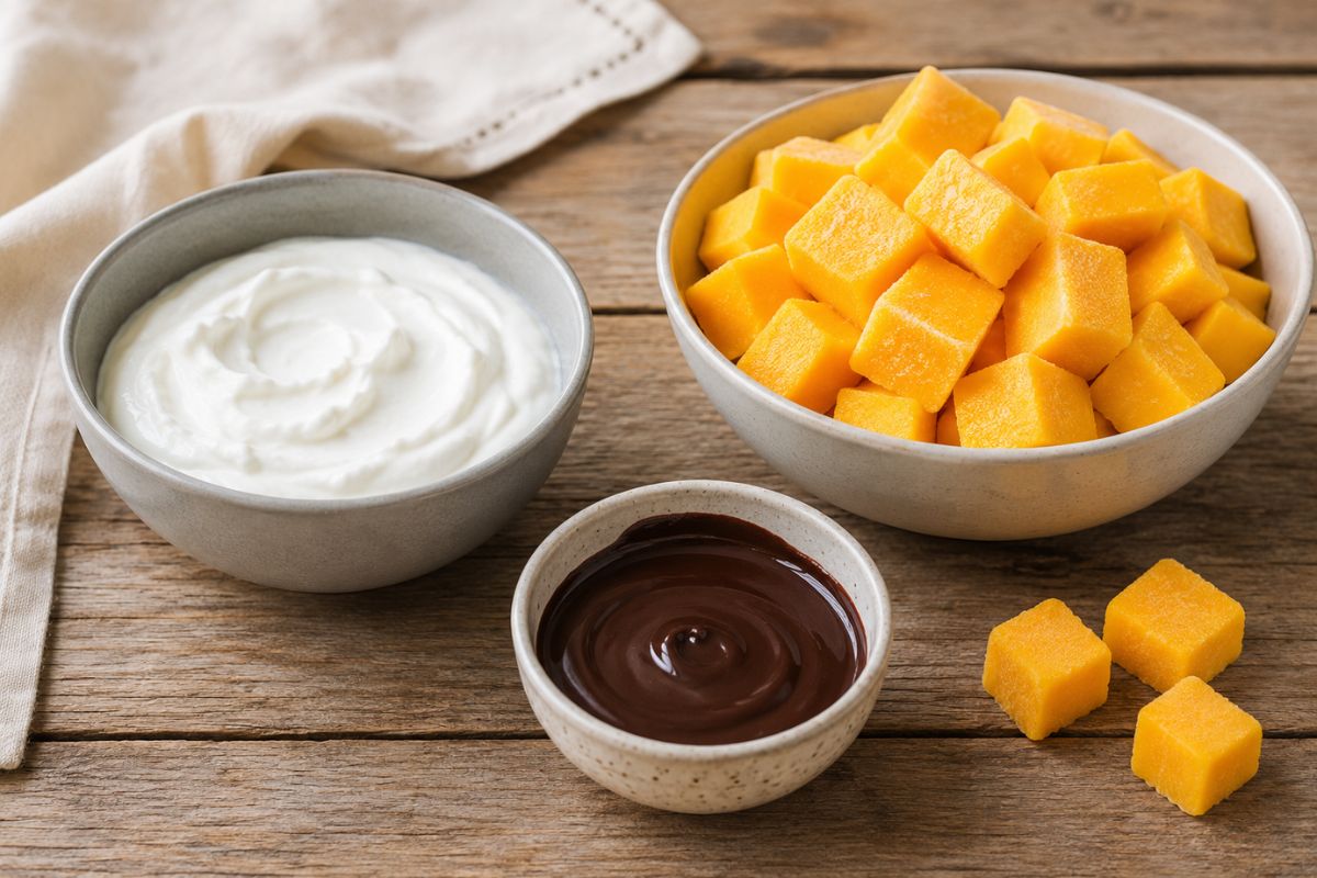 cubetti gelati mango, yogurt greco e cioccolato, ingredienti