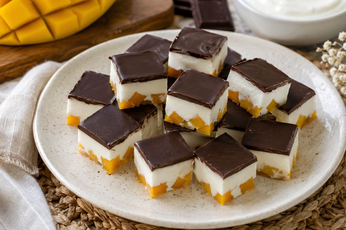 cubetti gelati mango, yogurt greco e cioccolato