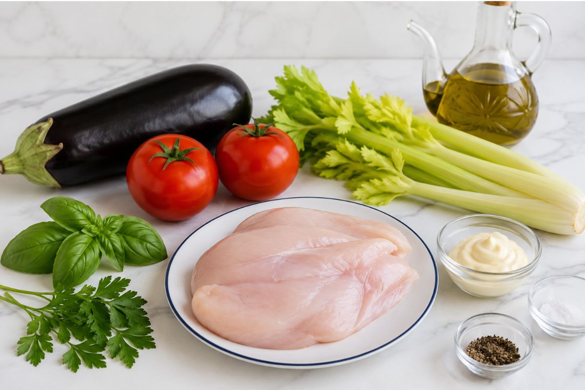 insalata di pollo sfilacciato con melanzane pomodori e maionese alle erbe ingredienti insalata di pollo sfilacciato con melanzane, pomodori e maionese alle erbe, ingredienti