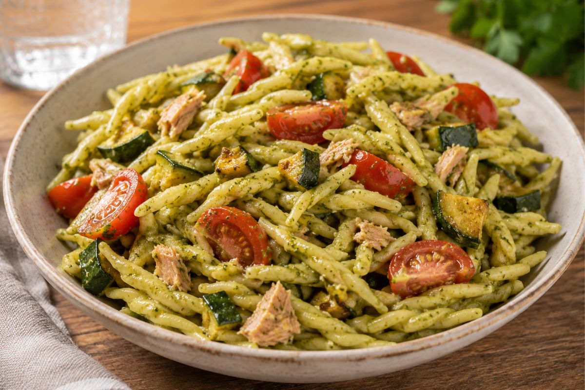 pasta fredda con tonno, pesto, zucchine e pomodorini