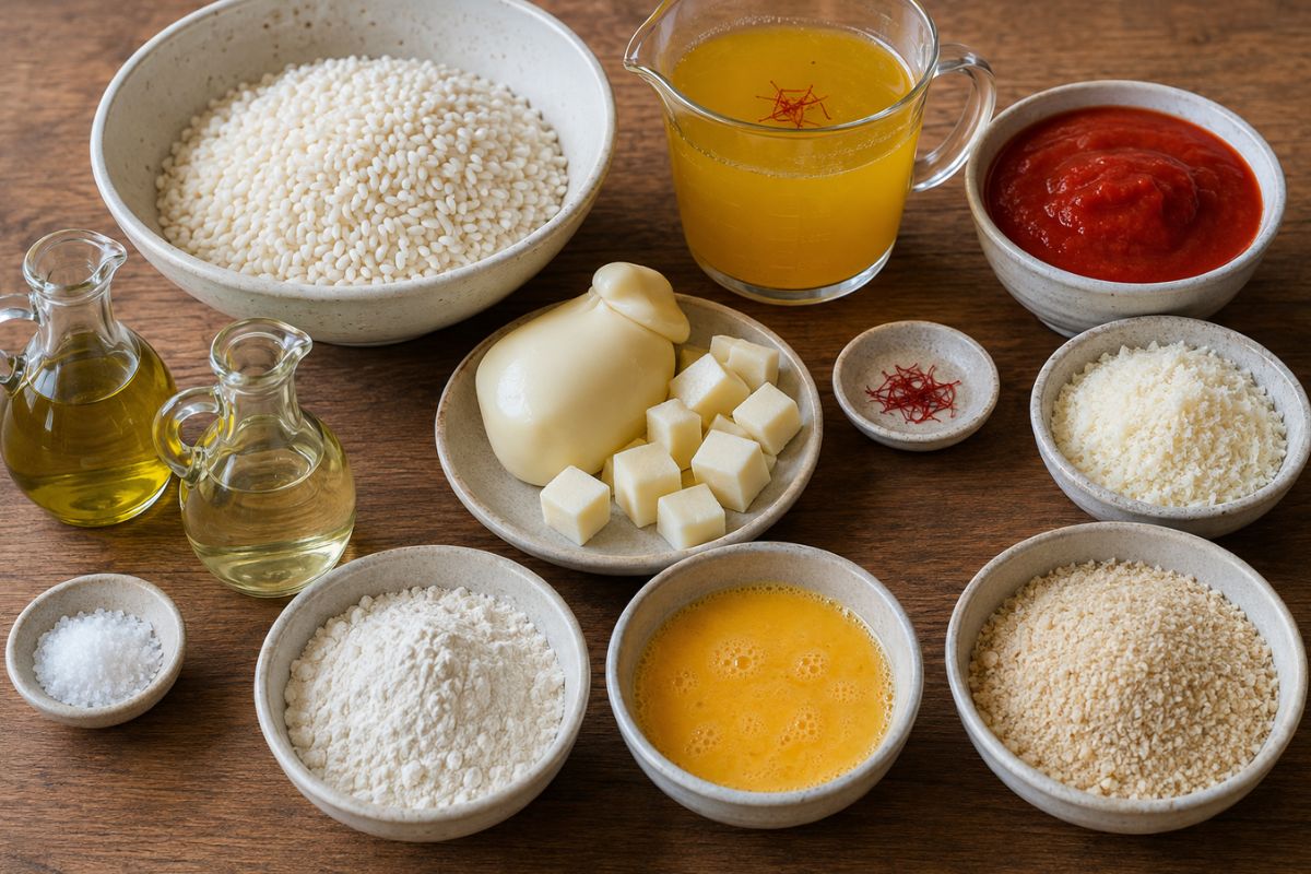 Arancini al pomodoro e zafferano con cuore di scamorza in friggitrice ad aria ingredienti Arancini al pomodoro e zafferano con cuore di scamorza in friggitrice ad aria, ingredienti