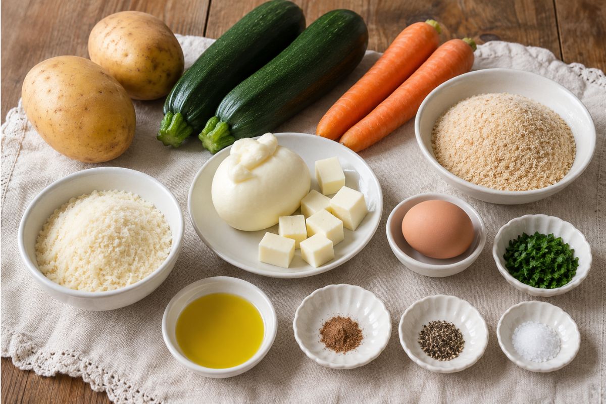 Bastoncini di patate carote e zucchine con cuore di scamorza ingredienti Bastoncini di patate, carote e zucchine con cuore di scamorza, ingredienti