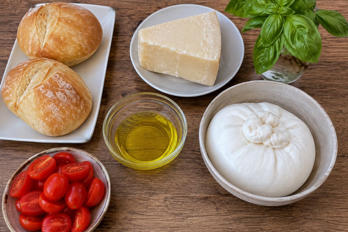 Crostini con parmigiano, burrata e pomodorini, ingredienti