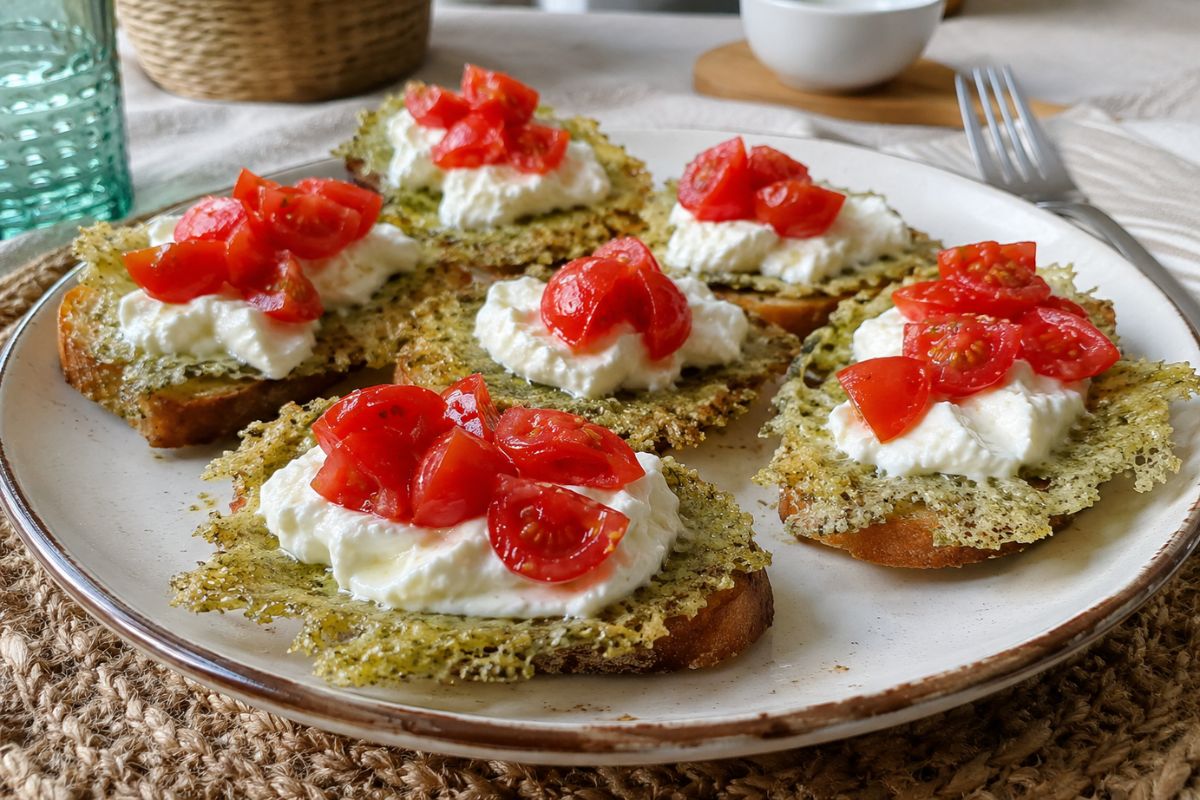 Crostini con parmigiano, burrata e pomodorini