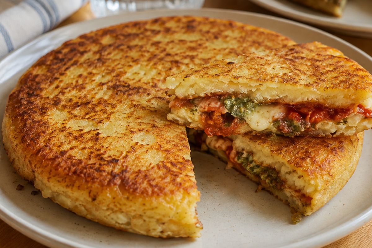 Focaccia di patate in padella con pomodoro, pesto e formaggio