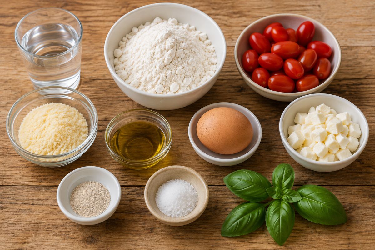 Focaccine con pomodorini mozzarella e basilico ingredienti Focaccine con pomodorini, mozzarella e basilico, ingredienti