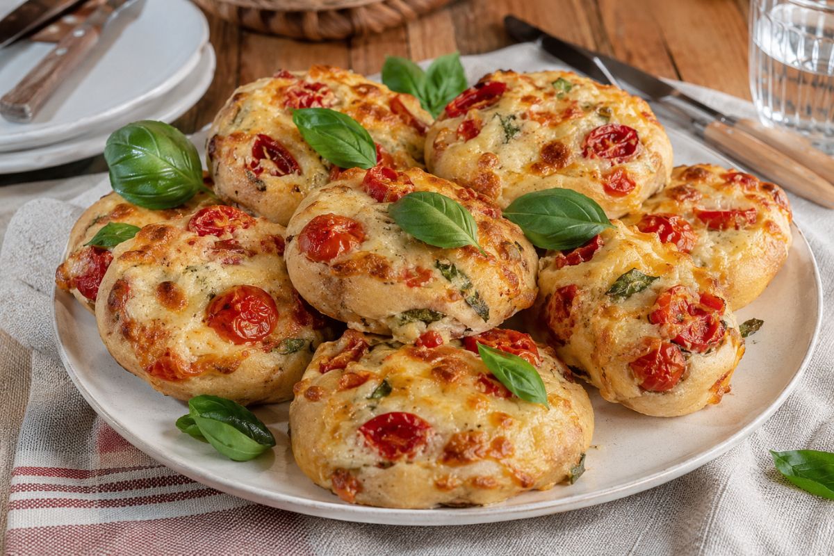 Focaccine con pomodorini, mozzarella e basilico