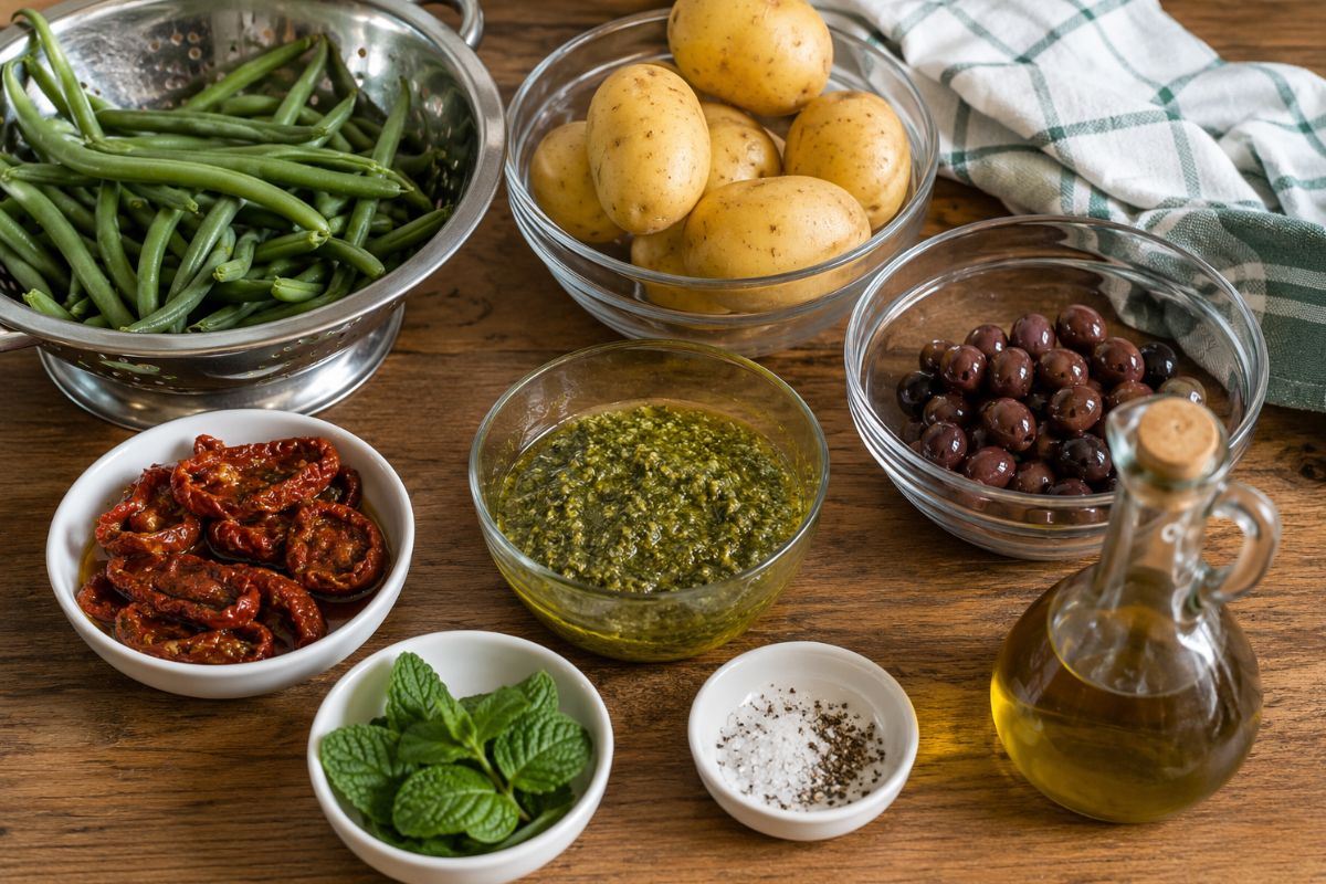 Insalata alla ligure con patate croccanti fagiolini e pesto ingredienti Insalata alla ligure con patate croccanti, fagiolini e pesto, ingredienti