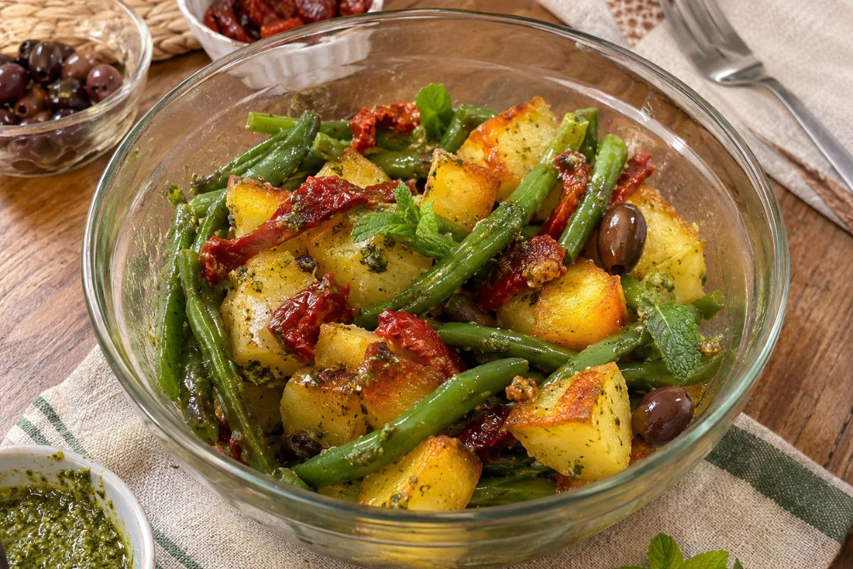 Insalata alla ligure con patate croccanti, fagiolini e pesto
