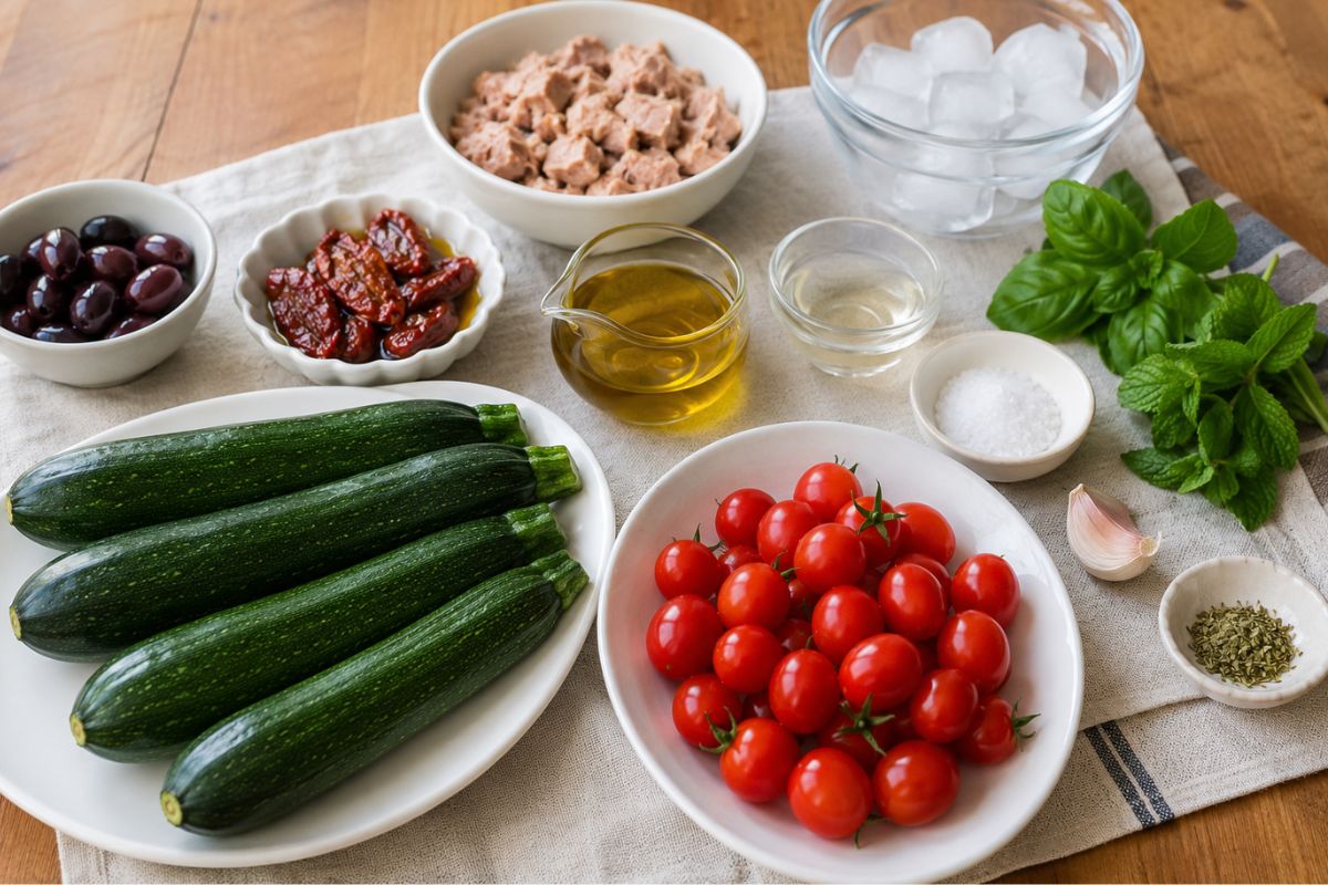 Insalata di zucchine marinate con tonno, pomodorini e olive, ingredienti