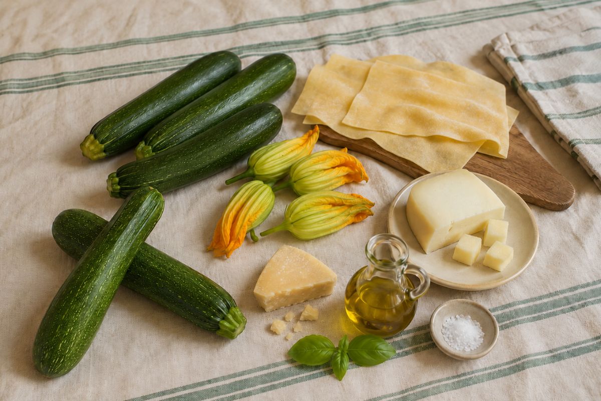 Lasagna bianca con crema di zucchine provola e fiori di zucca ingredienti Lasagna bianca con crema di zucchine, provola e fiori di zucca, ingredienti