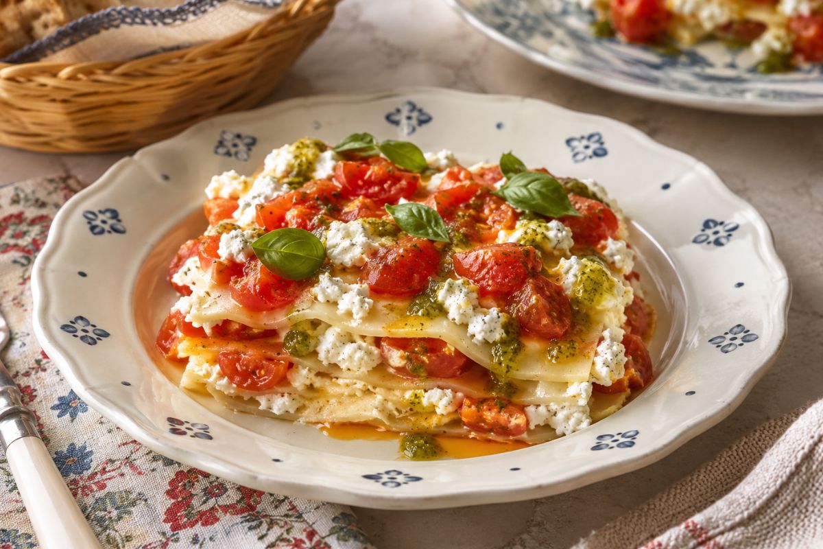 Lasagnette fredde con ricotta, pomodorini e pesto