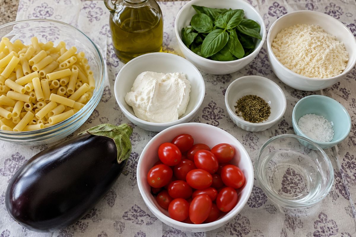 Pasta con melanzane, pomodorini e salsa al basilico, ingredienti