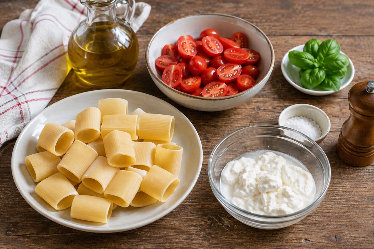 Pasta fredda al pomodoro con crema di stracciatella ingredienti Pasta fredda al pomodoro con crema di stracciatella, ingredienti
