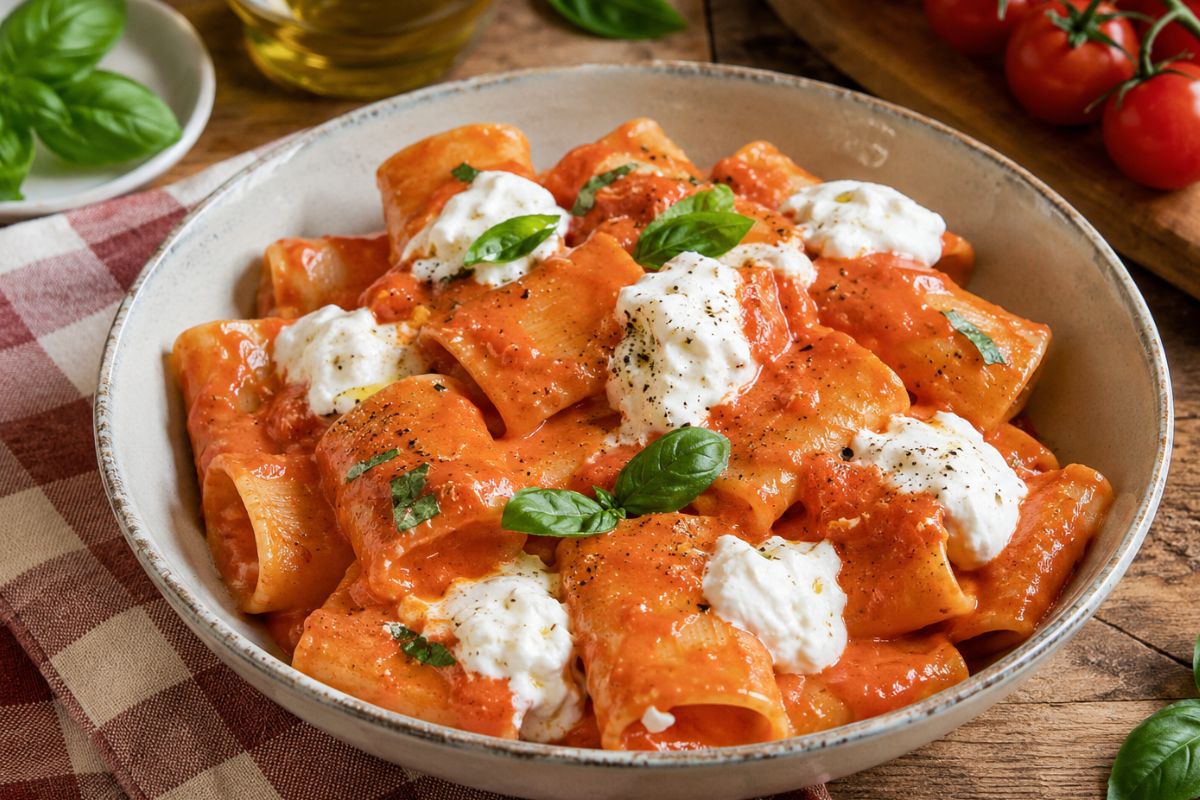 Pasta fredda al pomodoro con crema di stracciatella